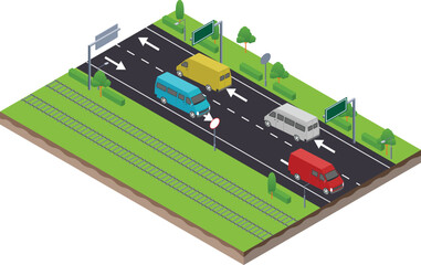 isometric scene of transport logistic van in highway traffic road and railway