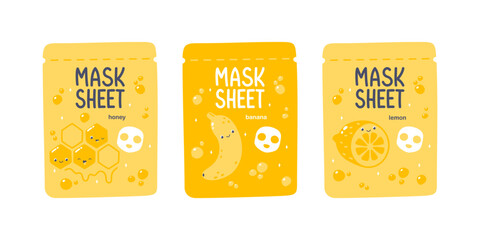 Cute vector face mask sheet packaging design with honey, banana, lemon - 546591680
