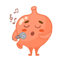 Fototapeta premium Happy stomach character singing cartoon illustration. Healthy human organ with cute face holding microphone isolated on white background. Nutrition, digestive system concept