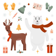 Cute forest animals in the Christmas holidays. Collection with winter deer and funny bear, gifts, clothes and others. Christmas and New Year concept. Funny cartoon characters