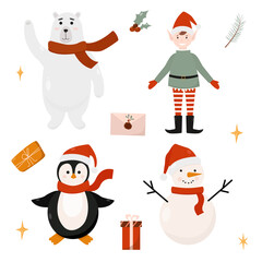 Christmas flat characters in cartoon style. Contains cute vector characters like penguin, polar bear, snowman and little elf. Design for postcards, post, wrapping paper, website