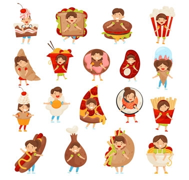 Cute kids wearing fast food costumes set. Happy little children dressed as hamburger, pizza, hot dog, croissant, donut, french fries cartoon vector
