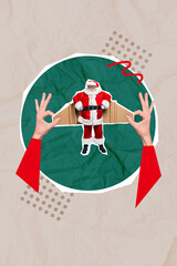 Vertical creative collage image of arms holding little santa claus carton cardboard plane wings flying air shopping delivery banner poster
