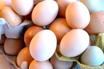 Organic chicken eggs in paper egg box with compartments. Eggs contain vitamins, phosphorus, zinc and a lot of choline. Egg container for recyclable materials