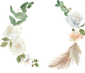 Frame wreath. Watercolor white rose. Roses floral green greenery eucalyptus brown dry grass. Wedding boho floral Invitation decor design. Tender pastel cream flowers holiday birthday card.