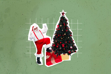 Collage 3d image of pinup pop retro sketch of excited happy santa claus new year three decoration tradition celebration presents postcard