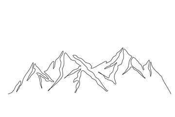 Continuous one line drawing of mountain landscape. High mounts peak lineart drawing vector design. Adventure, winter sports, hiking and tourism concept. Simple line mountain range landscape design.