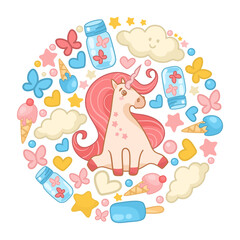Unicorn surrounded with cute patterns vector illustration. Cartoon illustration of pink unicorn surrounded with butterflies and clouds placed in circle isolated on white background. Childhood, design