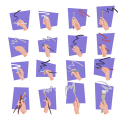 Set of hands holding different tools for drawing curvy line set. Vector illustrations of painting artists. Cartoon arms of painters in purple shapes isolated on white. Calligraphy, art concept