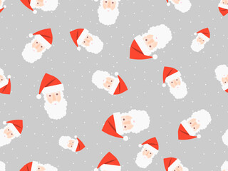 Seamless pattern with the face of Santa Claus in a hat. Merry Christmas and Happy New Year. Christmas design with falling snow and Santa Claus for print, posters and banners. Vector illustration