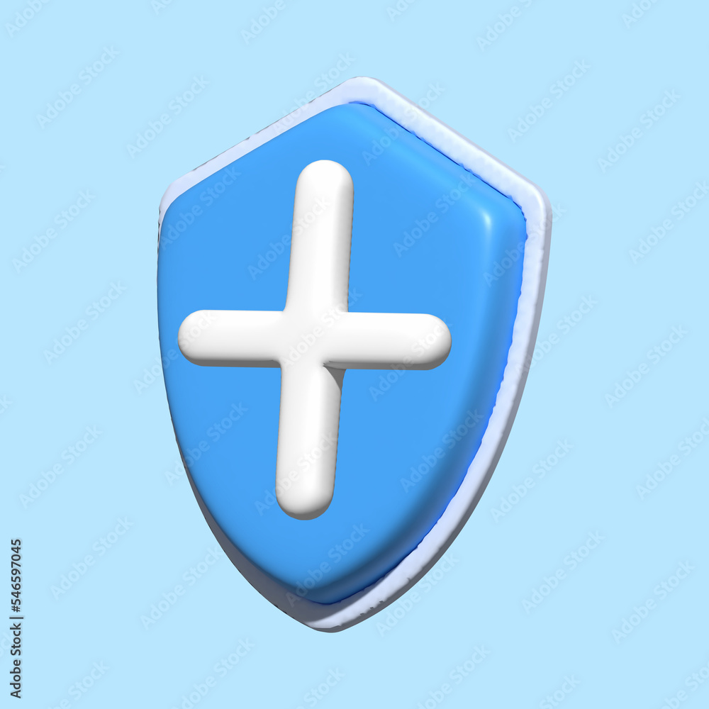 Poster 3d security safe rendering illutration icon. 3d shield protection icon with plus for online payment 