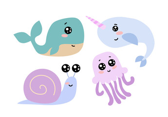 Animals with cute eyes and blush on cheeks vector set .Cartoon illustrations of different animals with adorable black eyes and blush isolated on white background. Zoo, childhood concept.