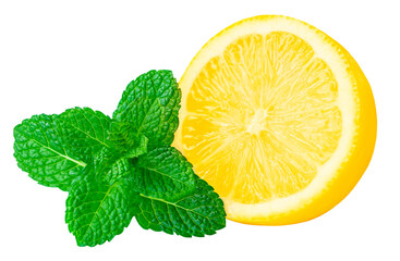 Isolated lemon and mint leaf. Fresh  lemon fruit and mint leaves isolated on white background closeup.
