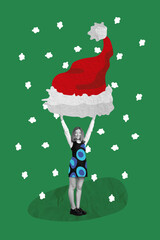 Vertical collage picture of excited positive girl black white gamma hands hold huge santa hat...