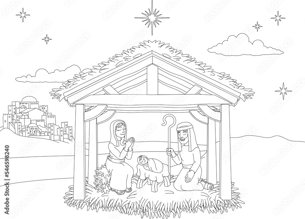 Wall mural Nativity Christmas Scene Coloring Cartoon