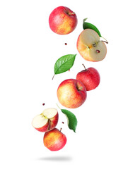 Whole and sliced ​​ripe apples with leaves in the air