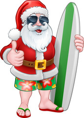 Fototapeta premium Cool Santa With Surfboard and Shades Cartoon