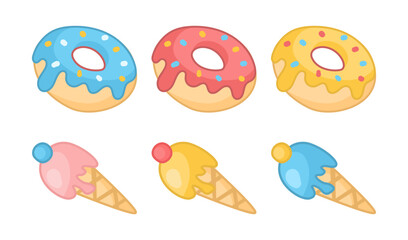 Colorful donuts and ice cream cones vector set. Cartoon illustrations of bright sprinkled donuts and decorated ice cream cones isolated on white background. Food, sweets concept