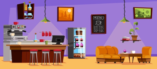 Empty coffee shop interior. Vector illustration of cafe room with modern furniture. Cartoon bar counter with coffee machine, table with chairs, dessert menu on wall. Bakery, restaurant concept