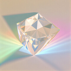 An irregularly shaped prism, crystal through which light passes and leaves iridescent traces on the surface. Minimalistic light beige background.