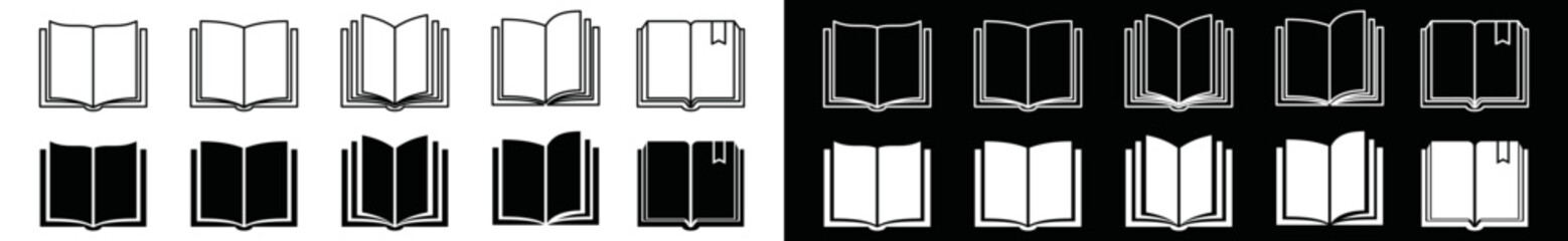 Book icon set. Book opened at center icon in flat and outline style. Stroke line and filled of book symbol, vector illustration