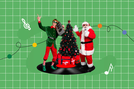 Collage picture of cool overjoyed elf guy santa claus stand big vinyl record dance singing listen boombox music evergreen newyear tree