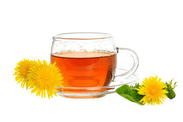 Glass cup of tea with fresh dandelion herbs Isolated on a trasparent background.