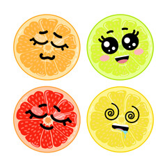 Citrus with cute faces vector set. Cartoon illustrations of different citrus cut in circles showing different emotions isolated on white background. Food, fruit, emotion concept