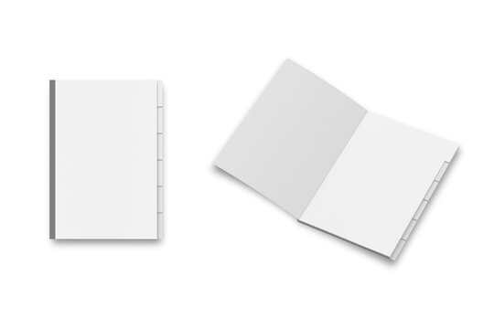 Blank brochure with segregation tabs on edges mockup isolated on white background. 3d rendering. tabbed catalog, portfolio, magazine, brochure, soft cover book template.