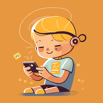 Vector of a blond boy completely lost playing video games on a yellow background