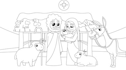 Outlined A Christmas Nativity Scene With Baby Jesus, Mary, Joseph, And Animals. Vector Hand Drawn Illustration Isolated On Transparent Background
