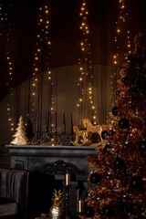 Merry Christmas and Happy Holidays!Beautiful black modern living room decorated for Christmas.Chrystmas Luxury black style living room interior with sofa decorated chic , golden style.Selective focus.