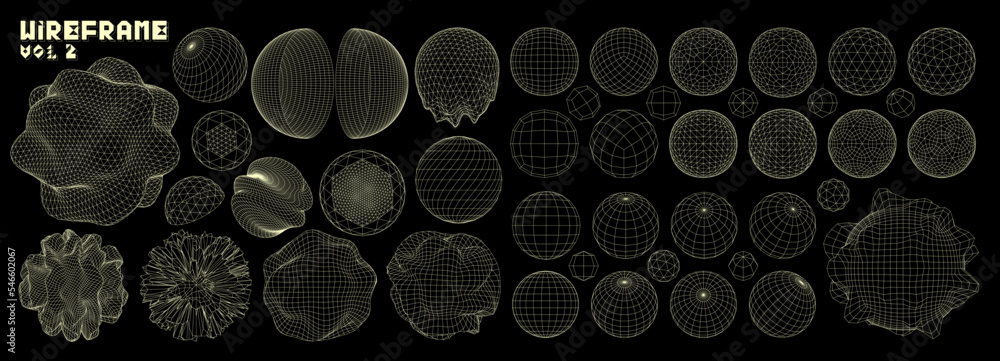 Wall mural wireframe 3d shapes. sphere grid, geometric ball surface and hemisphere mesh vector set
