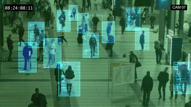 Identity monitoring technology collects information about people. Computer interface showing crowd data. Autonomous face recognition and tracking system. CCTV camera spies on people in a busy place. 