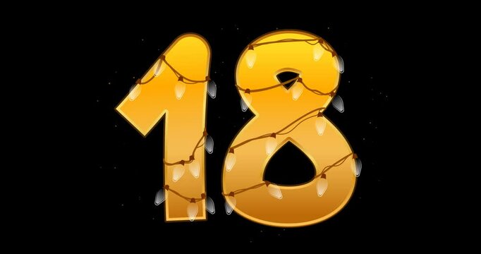 Number 18 vector illustration. Digits with glowing lights and bulbs. Counting figure for decoration. Festive set in playful style. Glowing golden eighteen