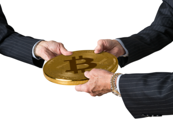 Three traders hands holding large bitcoin