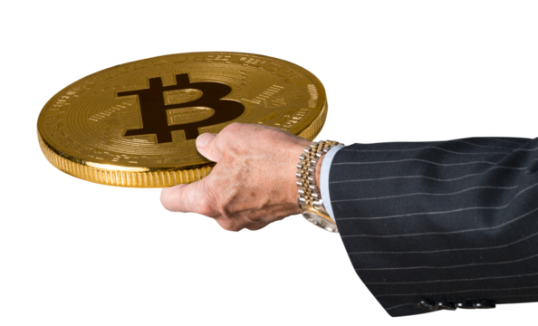 Businessman hand offering Bitcoin to trade - Powered by Adobe