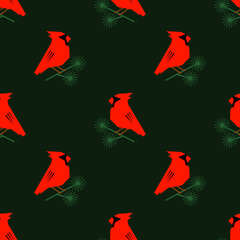 christmas pattern with red cardinals. seamless pattern with red birds on a dark green background. winter birds of america. vector ornament