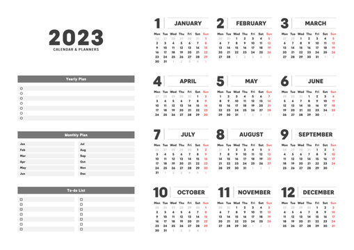 2023年の12ヶ月･1年分のカレンダーと年間計画･月間計画･TODOリストのプランナーセット - 月曜始まり･A版比率
