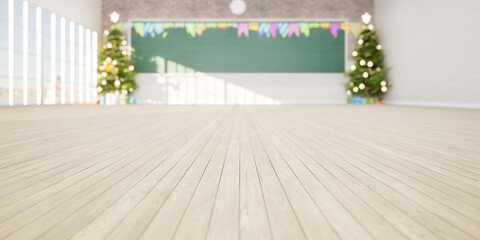 3d rendering of empty classroom consist of maple wood floor, board or chalkboard, christmas tree and gift for teacher and student to teach, study and celebration. Background for education, christmas.
