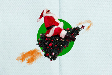 Creative photo 3d collage artwork poster postcard of santa claus personage sit drive xmas tree fly...