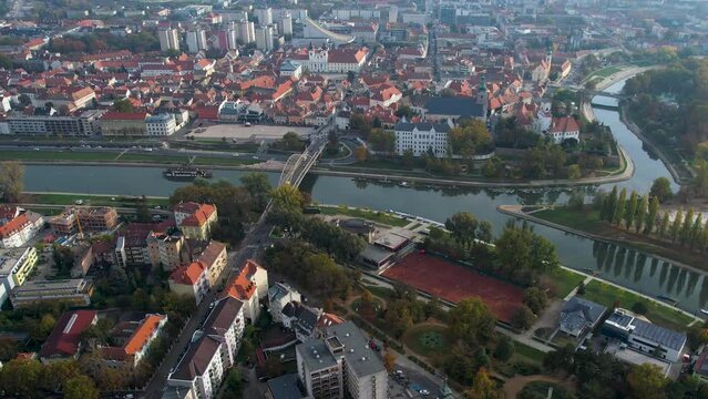  Aerial view of the city Győr in Hungary on a cloudy day in autumn.