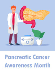 Pancreatic Cancer Awareness Month is organised on November in USA. Tiny therapist treat patient.