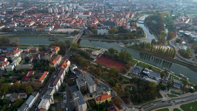  Aerial view of the city Győr in Hungary on a cloudy day in autumn.