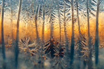 Beautiful Frosty Pattern on the Window 3D Artwork Abstract Background. Winter Evening Sunlight Through Frozen Glass Amazing Classy Wallpaper. Wintertime Abstraction Art Illustration