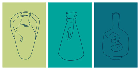 Set of one line vector vase prints. Modern one line art. Suitable for wall art posters, textile printing, mobile applications. Continuous line drawing.