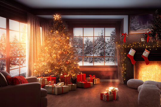 Wohnzimmer im Winter mit Kamin, Christbaum, Geschenken und Dekoration an Weihnachten, Fensterblick zur verschneiten Landschaft, Illustration