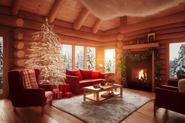 Wohnraum in einer Blockhütte im Winter mit Kamin, Christbaum, Geschenken und Dekoration an Weihnachten, Fensterblick zur verschneiten Landschaft, Illustration