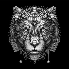 Cyborg lion head in greyscale color, mecha helmet, cyberpunk lion illustration, apparel art design, realistic digital art - obrazy, fototapety, plakaty