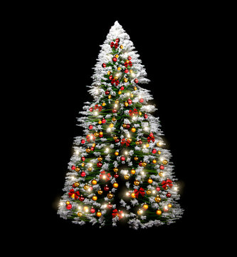 Weihnachtsbaum mit Roten Kugeln isoliert vor dunklem Hintergrund